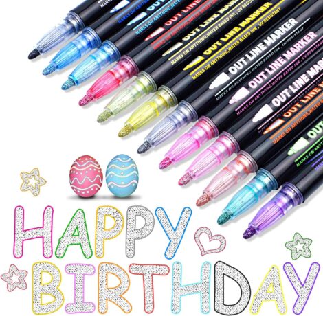 12 Metallic Glitter Outline Pens: Perfect Christmas gifts for girls aged 4-12; ideal for scrapbooking.