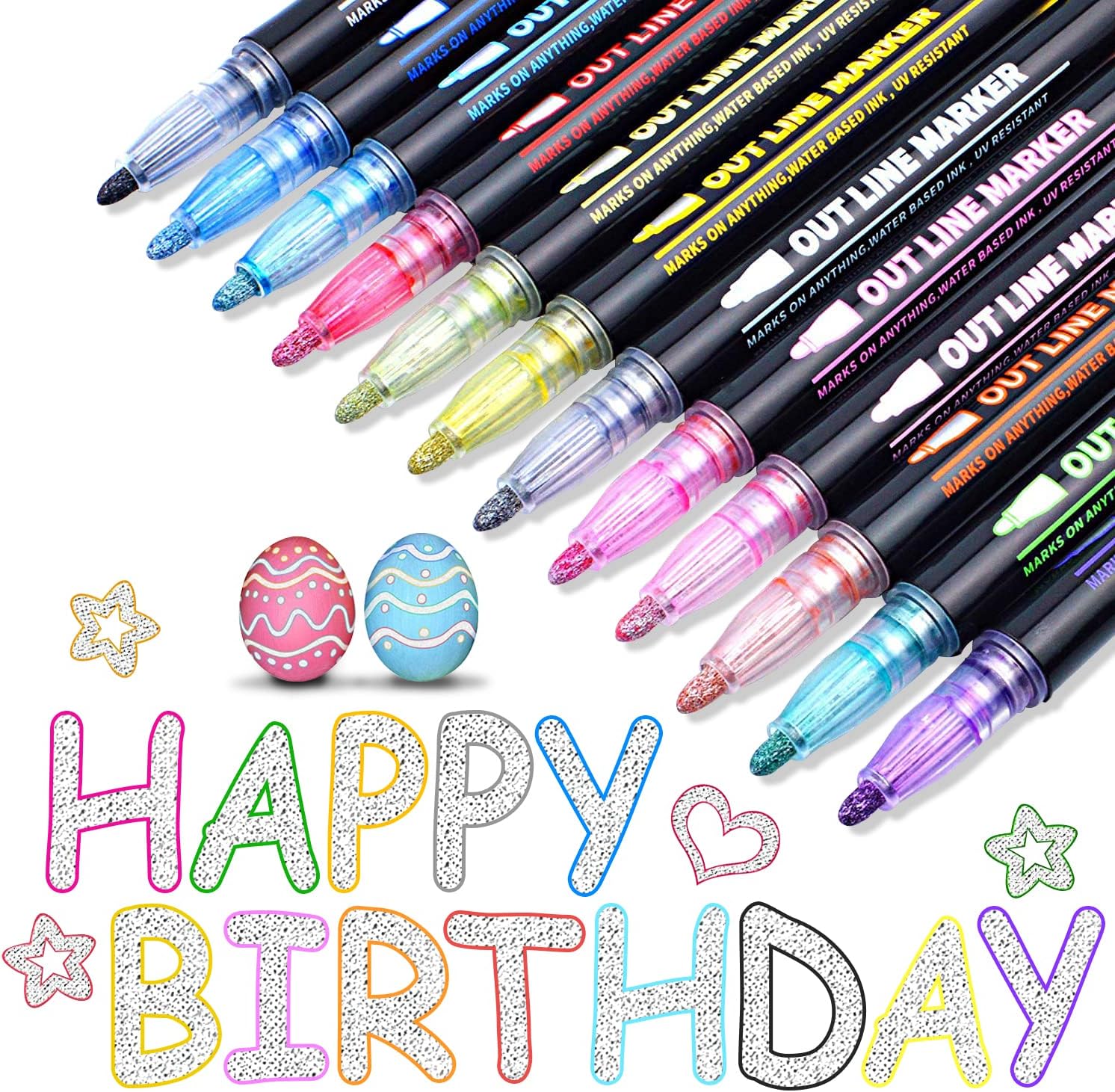 Maqhpu Glitter Pens Outline Pens, Stocking Fillers Kids Girls, Gifts for Teenage Girls, 12 Colours Metallic Double Line Outline Marker Pens for Scrapbook, Christmas Gifts for 4-12 Year Old Girls