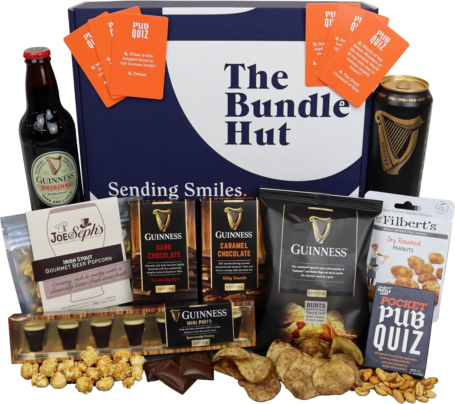 Guinness Gift Set Hamper Box for Men from The Bundle Hut: Guinness Stout Beer, Chocolate, Crisps, Popcorn and Pub Quiz Game -Present for Fathers Day, Birthday, Gift for Him (Blue Box)