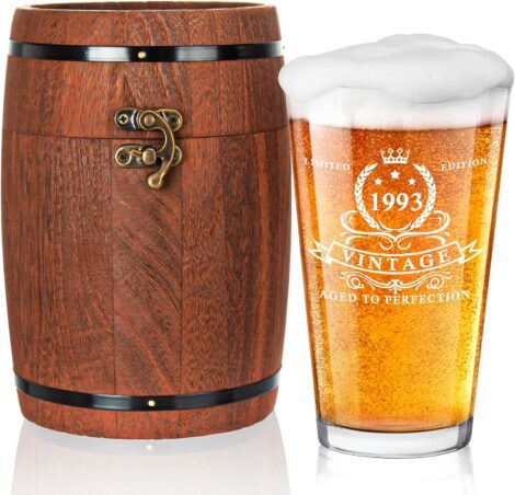 30th Birthday Gift: Funny 1993 Beer Glass in Barrel Box for Men and Women