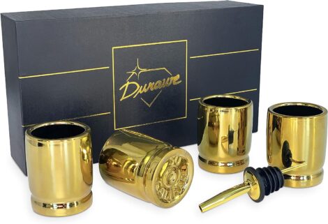 Durawe Company 50 Cal Shot Glass Set – 4 Ceramic Glasses, Bullet Casings Design, Perfect Gift for Men.