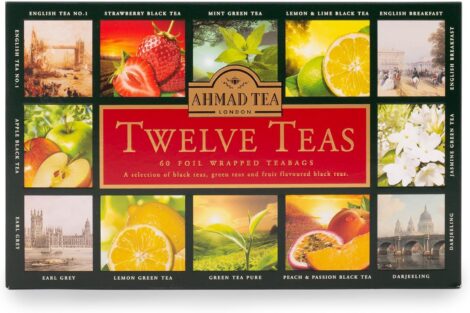 Ahmad Tea Twelve Teas Selection Pack – Black, Green, and Fruit teas combined. Ideal tea gift with 60 Teabag Sachets, featuring 12 Flavours.