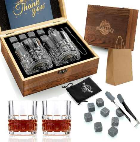 Whisky Stones Glasses Set: Scotch Glasses, Granite Chilling Rocks, Wooden Box – Ideal whisky gift.