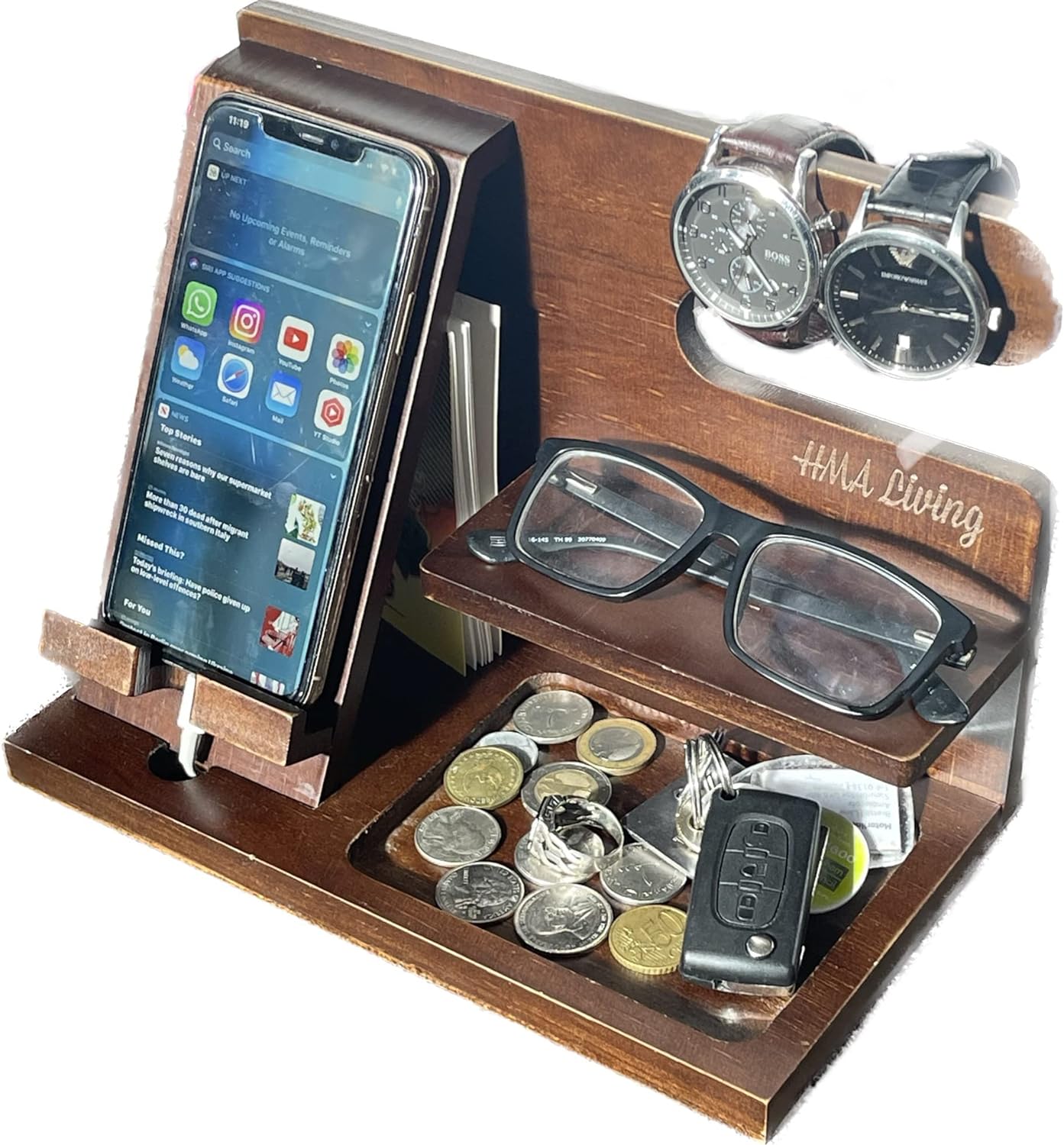 HMA LIVING Gifts for Men Wood Phone Docking Station Key Holder Wallet Stand Watch Organizer Men Gift Husband Wife Anniversary for Dad Birthday Male Idea Gadgets Pine wood (Brown) Retail Price £39.99