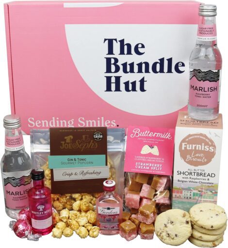 Women’s Pink Gin Birthday Hamper from The Bundle Hut – 2 Pink Gins, Tonics, Chocolates, Fudge, Popcorn & Biscuits. Ideal Gin Gift!