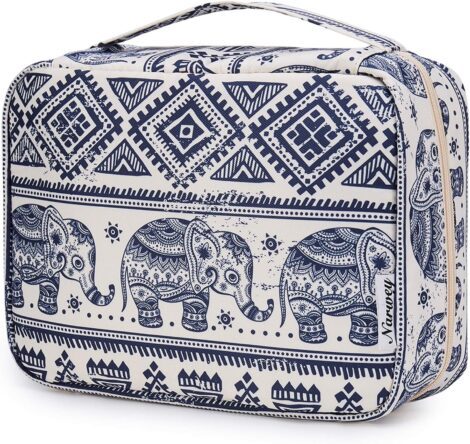 Women’s waterproof travel toiletry organizer bag with hanging capability, designed in elephant print.