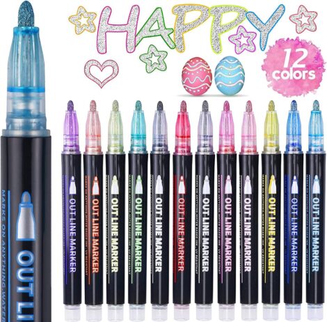 ECtury Glitter Outline Marker Pens: 12 Metallic Double Line Pens for Girls, Arts & Crafts, Ages 4-12.