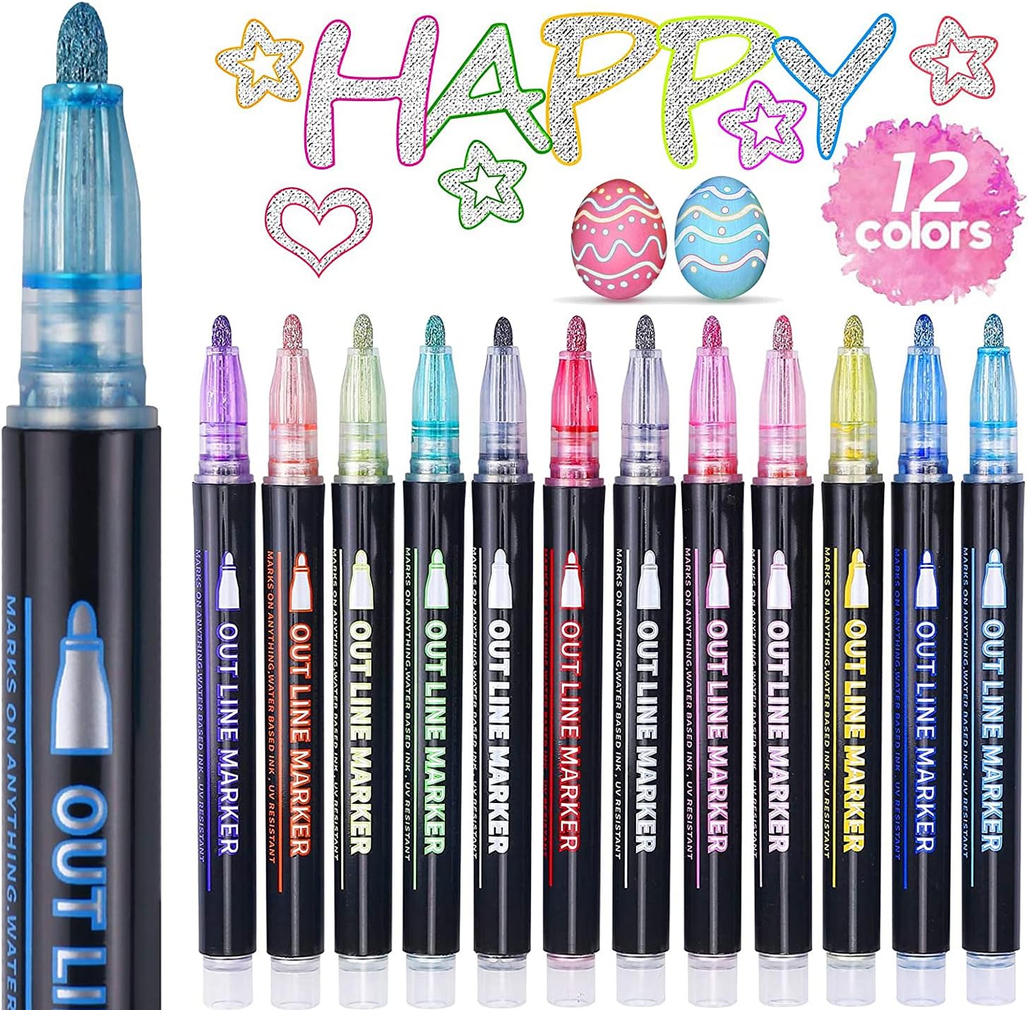 ECtury Glitter Pens Outline Marker Pens, Gifts for Teenage Girls, 12 Colours Metallic Double Line Outline Pens for Scrapbook, Teenage Girls Gifts, Arts and Crafts, Gifts for 4-12 Year Old Girls