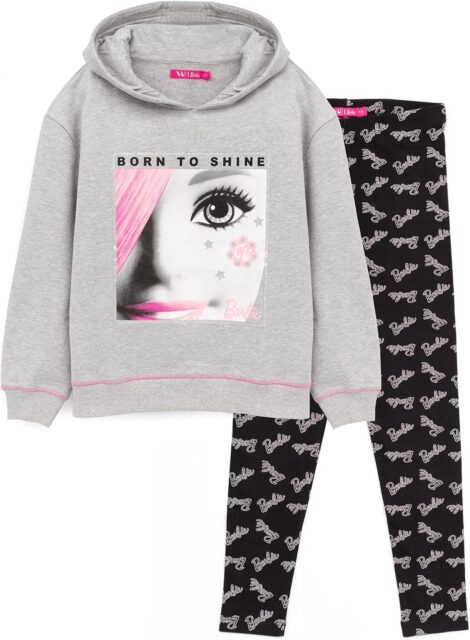 Girls’ Barbie Hoodie and Leggings Set: Grey Jumper with Logo, Black Leggings. Comfortable Loungewear for Kids.