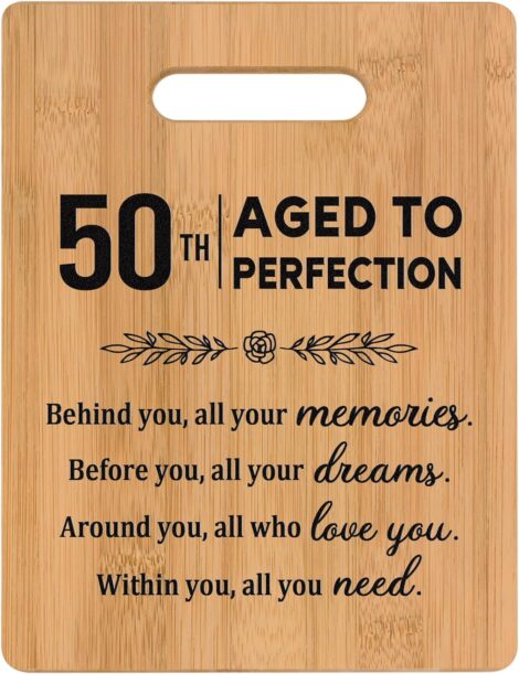 Customizable bamboo cutting board gift for turning 50th birthday, suitable for women and men.