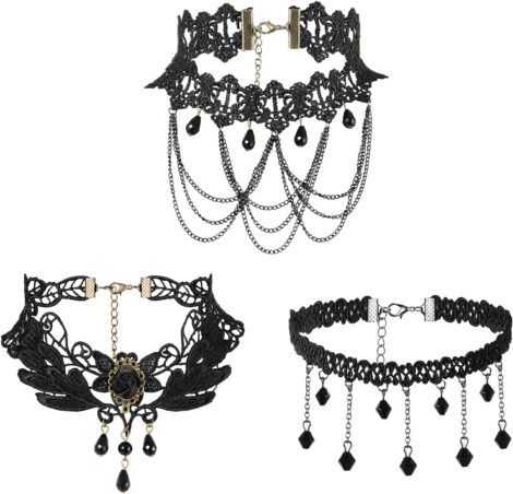 Punk Gothic Lace Choker Set for Women, 3-Piece Black Retro Neckband, 13 inches.