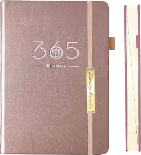 2024 A5 Page-a-Day Diary with Bookmark, Pen Loop, 354 Pages – Rose Gold.