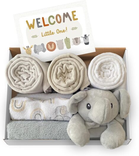 Little Grey London’s Newborn Baby Unisex Essentials Gift Set: Muslins, Washcloths & Elephant Comforter