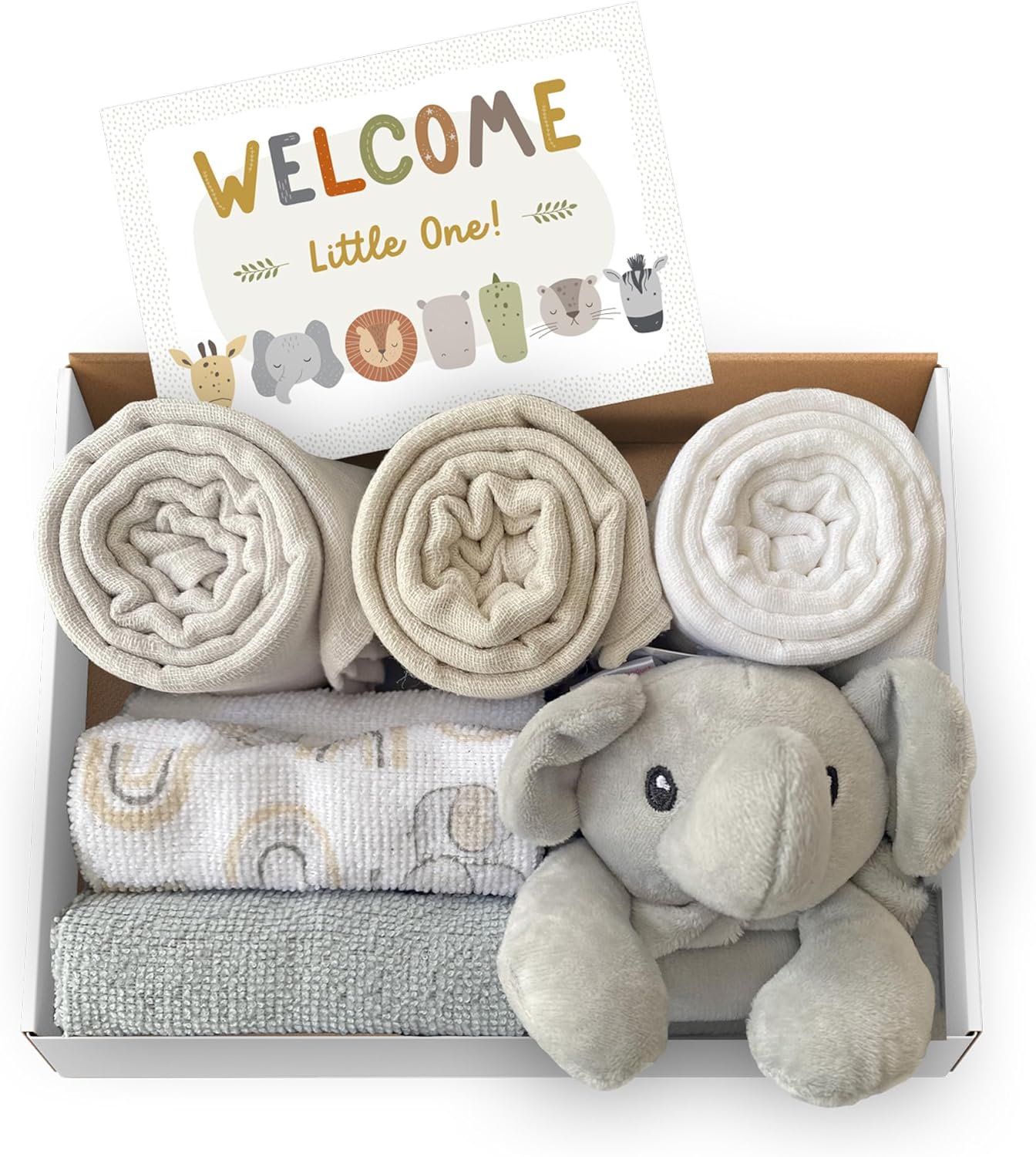 Newborn Baby Unisex Essentials Gift Set from Little Grey London. Includes 100% Cotton muslins, Washcloths & Plush Elephant Comforter in a Keepsake Gift Box. A Great Gift for Any Occassion.