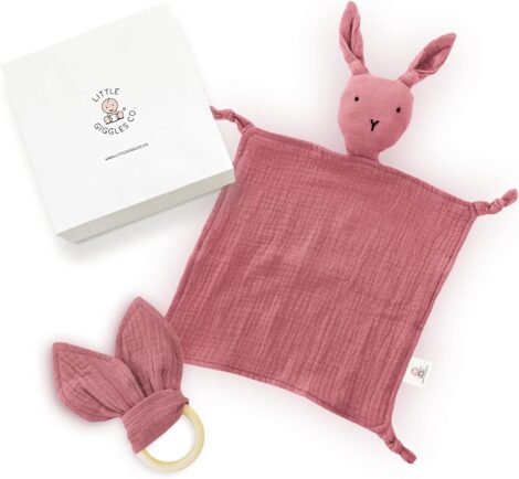 Little Giggles Co. Bunny Muslin Comforter & Sensory Ring Toy Set in Rose Pink