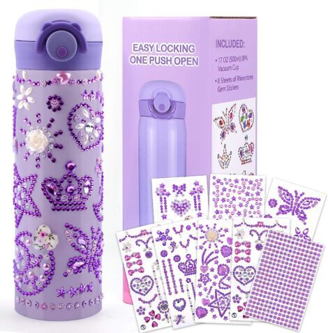 DIY Water Bottle with Glitter Gem Stickers, Girls Age 4-12 Gift – Vacuum Flask Craft Kit