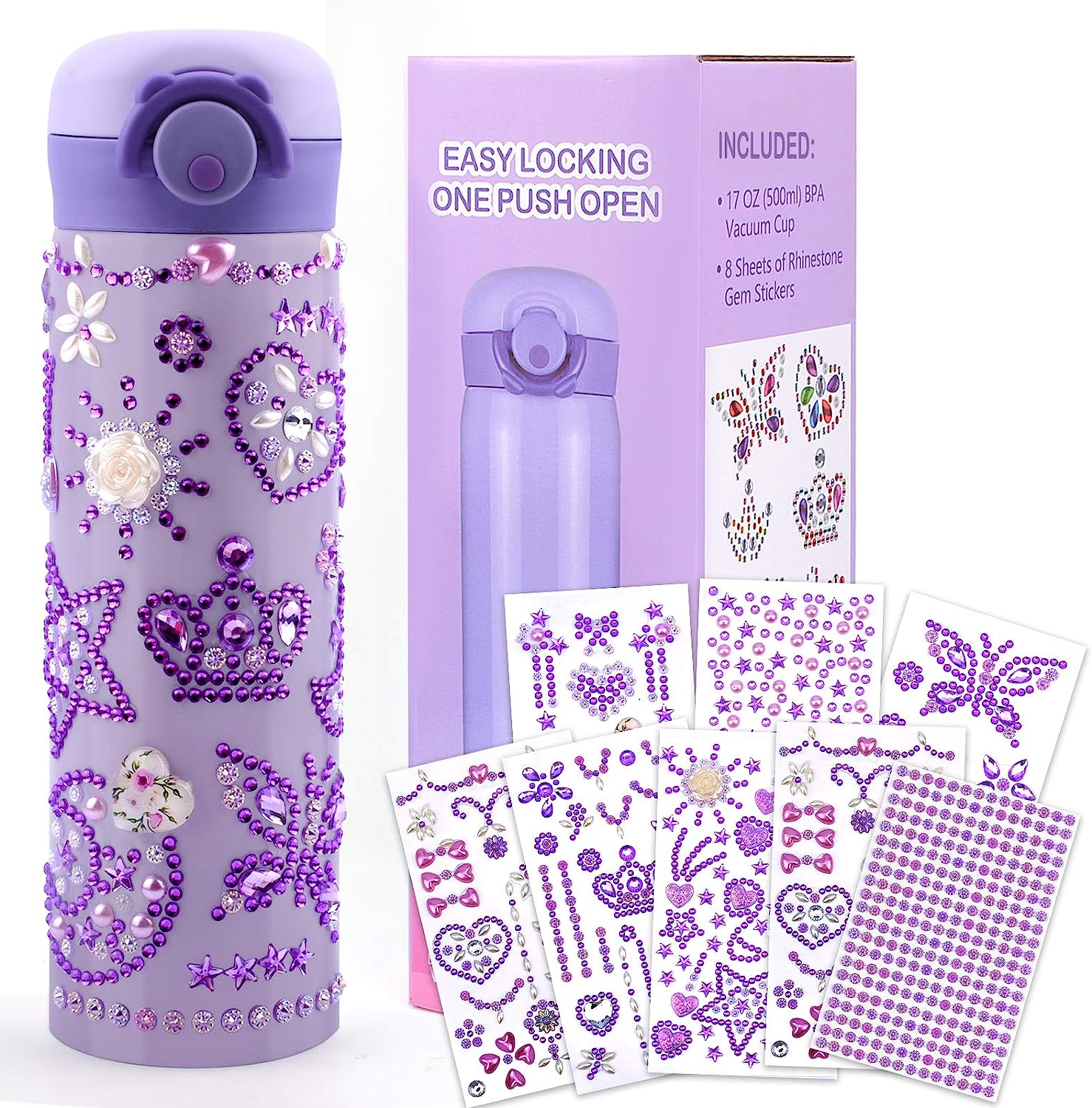 Gifts for Girls 4 5 6 7 8 9 Years Old DIY Water Bottle, Decorate Your Own Water Bottle with Glitter Gem Stickers, Girls Christmas Thanksgiving Birthday Presents Age 4-12, Vacuum Flask Craft Kit Kids