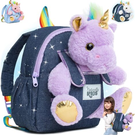 Small unicorn backpack for 3-4 year old girls with stuffed animal, pockets, reflective logo, and purple design.