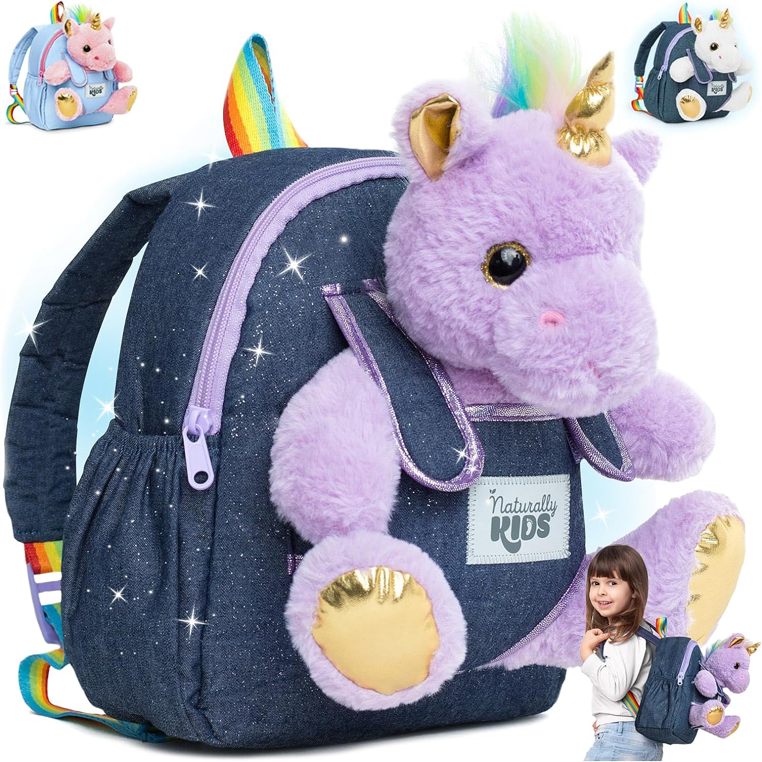 Naturally KIDS Small Unicorn Backpack - 3-4 Year Old Girl Gifts - Toddler Backpack for Girl Boy w Stuffed Animal - Toys for 3 Year Old Girls - w Pockets & Reflective Logo - Backpack w Purple Unicorn