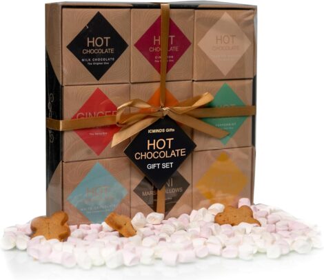 Gift set with marshmallow & gingerbread men, 9 packs of Flavoured Hot Chocolate Powder with 9 unique flavours.