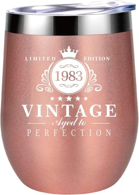 40th Birthday Gifts for Women – 12oz Stainless Steel Wine Tumbler in Rose Gold.