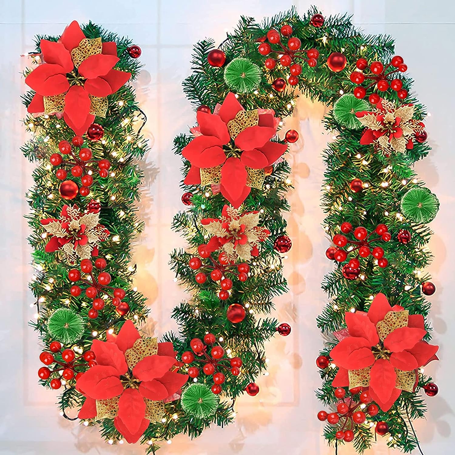 270cm (9ft) Pre-Lit Decorated Garland|Christmas Garland Decoration, Christmas Garland with Lights for Xmas Tree Stairs Décor Christmas Fireplace Decorations (Red)