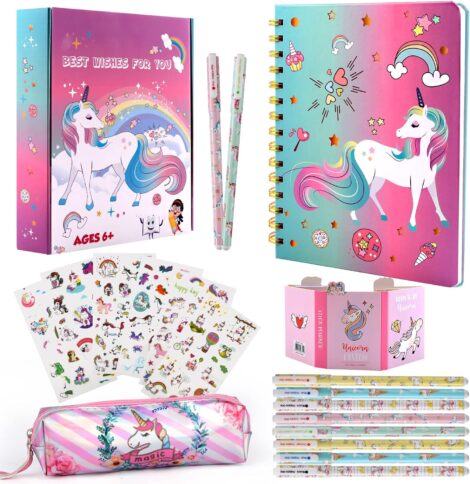 Girls’ Unicorn Stationery Set: Pencil Case, Pen, Notebook, Stickers, and Sticky Notes for Ages 5-10.