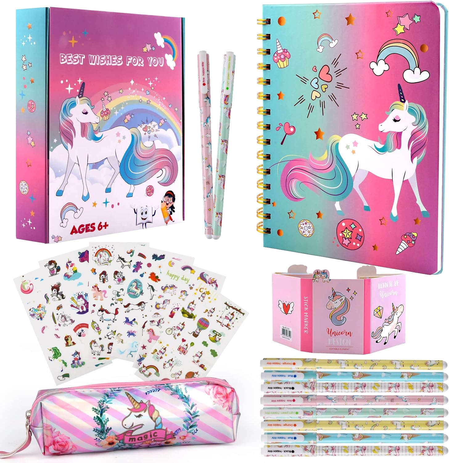 Unicorn Gifts for Girls Age 5 6 7 8 9 10 Year Old, Christmas Gifts Birthday Gifts for Girls Unicorn Pencil Case Pen School Supplies Girls Stationery Sets Notebook Diary Stickers Sticky Notes