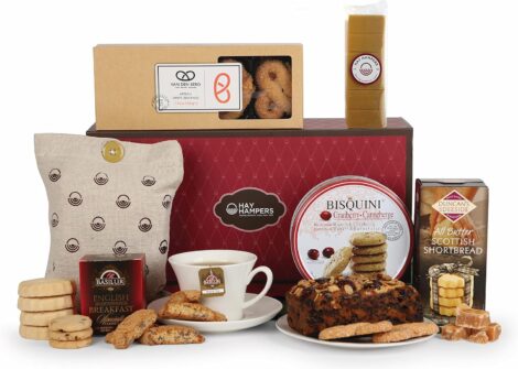 Hay Hampers Tea Hamper – English Breakfast Tea, Fruit Cake, Fudge, Shortbread, and More – Gourmet Gifts for All