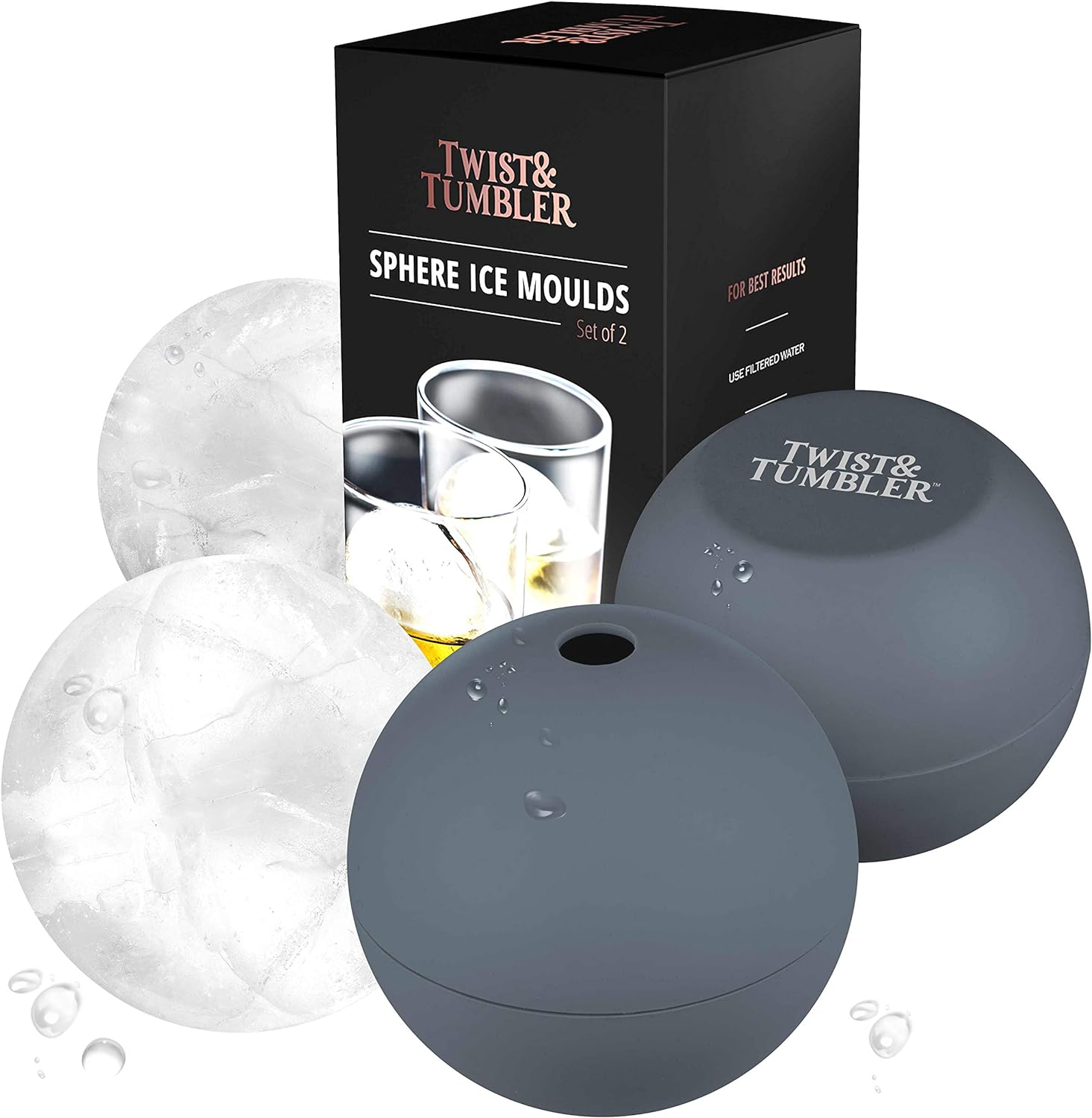 ICE Ball Makers by Twist & Tumbler™. Premium Large Japanese Ice Spheres Perfect for Whiskey, Gin, Negroni. Set of 2, Dark Grey, BPA Free Food Grade Silicone, Stylish Gift Box