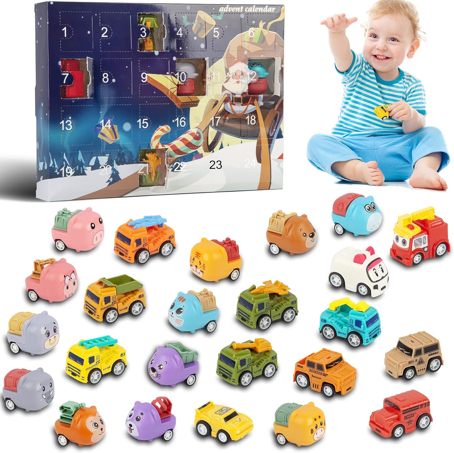 Advent Calendar 2023 Kids, Christmas Countdown Calendar with 24 Surprise Pull Back Car Toys, 24 Day Toy Advent Calendar Animal Vehicles Toys for 1 2 3 4 5 Year Old Xmas Gifts for Boys Girls Toddlers