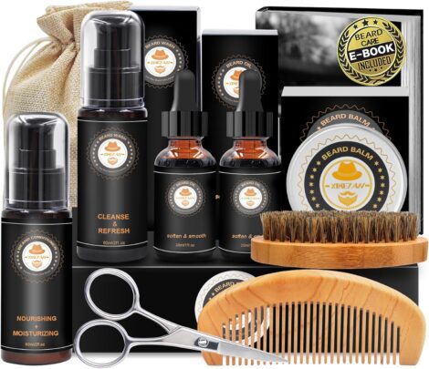 Enhanced Beard Care Set with Conditioner, Oil, Balm, Brush, Shampoo, Comb, Shaper, Scissor, Bag (+E-Book)