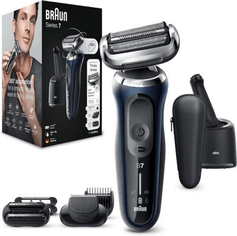 Braun Series 7 Men’s Electric Shaver with Trimmer Attachments, Rechargeable, Cordless, Wet & Dry, Blue