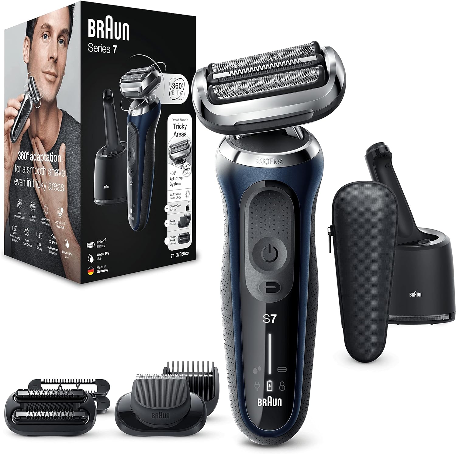 Braun Series 7 Electric Shaver for Men With Beard Trimmer & Stubble Beard Trimmer Attachments, Rechargeable, Cordless Foil Razor, Wet & Dry, Smart Care Centre, Gifts For Men, 70-B7850cc, Blue Razor