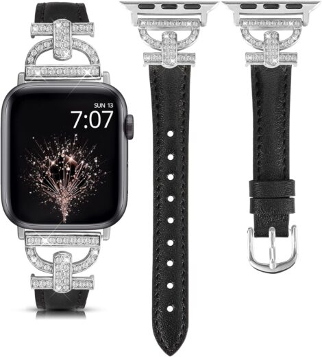 Black+Silver TOYOUTHS Leather Strap for Apple Watch, Women’s Slim D-Shaped Rhinestone Bracelet.