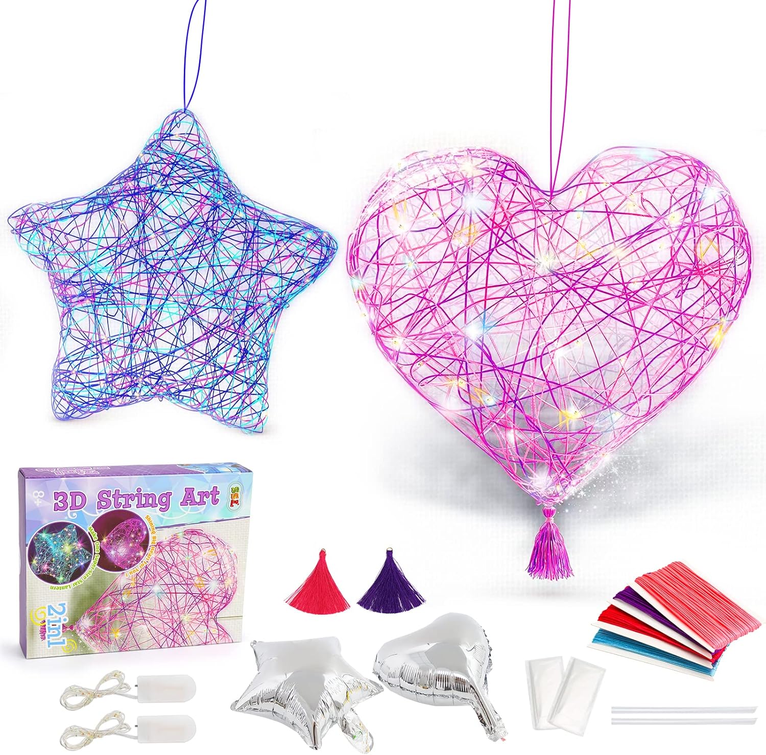 lelechong 2 Pack DIY 3D String Night Light Art and Craft Kit for Kids (Heart & Star Lantern) - Great Girls Boys Teens Gifts