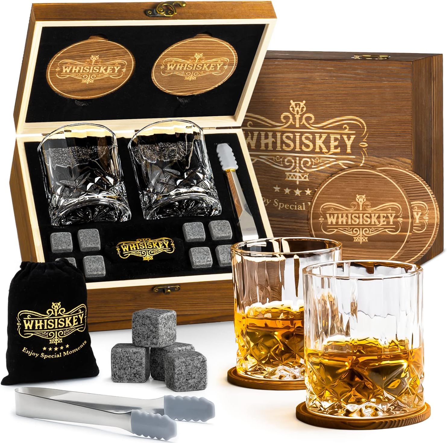 Whisiskey - Whisky Glasses Set - Whisky Accessories Set - Whisky Gift Set - 8 Whiskey Stones & 2 Glasses & 2 Coasters & Pliers - Ice Cubes Reusable – Whiskey Glasses Set of 2 - Gifts for Men