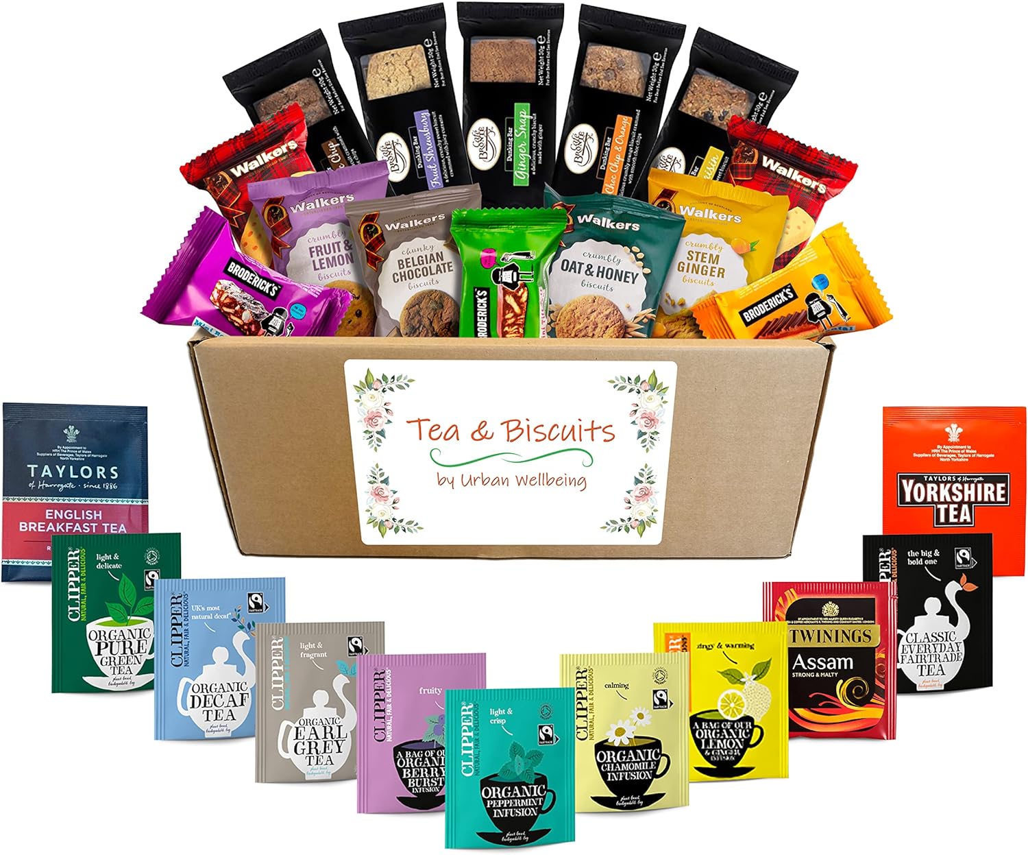 Tea and Biscuits Gift Set Hamper, Variety of 40 Teas, Selection of Scottish Shortbread, Walkers Biscuits and Dunking Bars