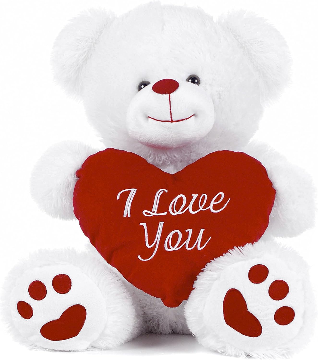 Paws White Teddy Bear holding Red Heart with I Love You written on it (White, 8")