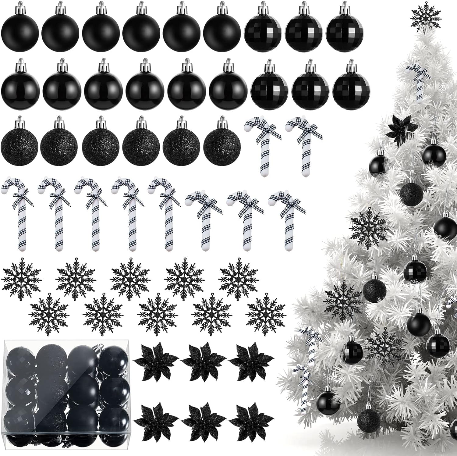 50 Pcs Christmas Tree Decorations Small Christmas Baubles Artificial Black Glitter Snowflake Hanging Decorations Poinsettia Flowers Glitter Candy Cane Ornaments for Xmas Tree Topper Outdoor Home Decor