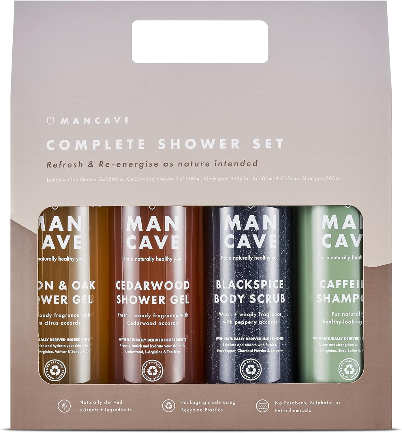 ManCave Men’s Complete Shower Gift Set, 4 Signature Shower Products For Men, Caffeine Shampoo, 2 Natural Sulphate Free Shower Gels and Blackspice Body Scrub, Amazon Exclusive, Vegan, Made in England