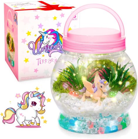 Gifts for 5-13 year old girls: Craft kits, unicorn toys, DIY terrarium kit, garden toys.