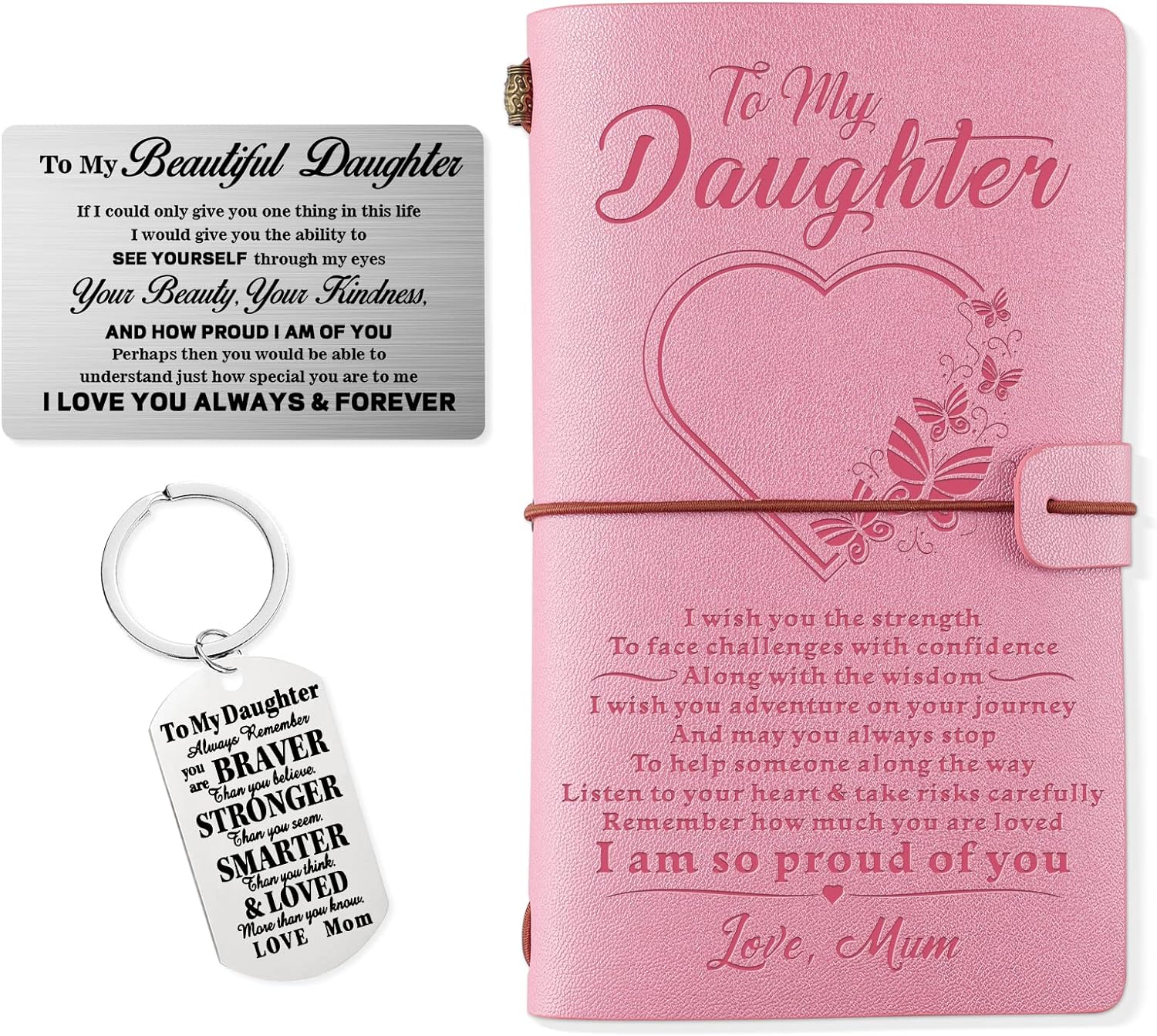 PRSTENLY Daughter Gifts, Pink Leather Journal+Wallet Card+Key Ring Proud of You Gifts for Daughter on Birthday Graduation Christmas Wedding Day from Mum, 16th 18th Encourage Birthday Gifts for Girls