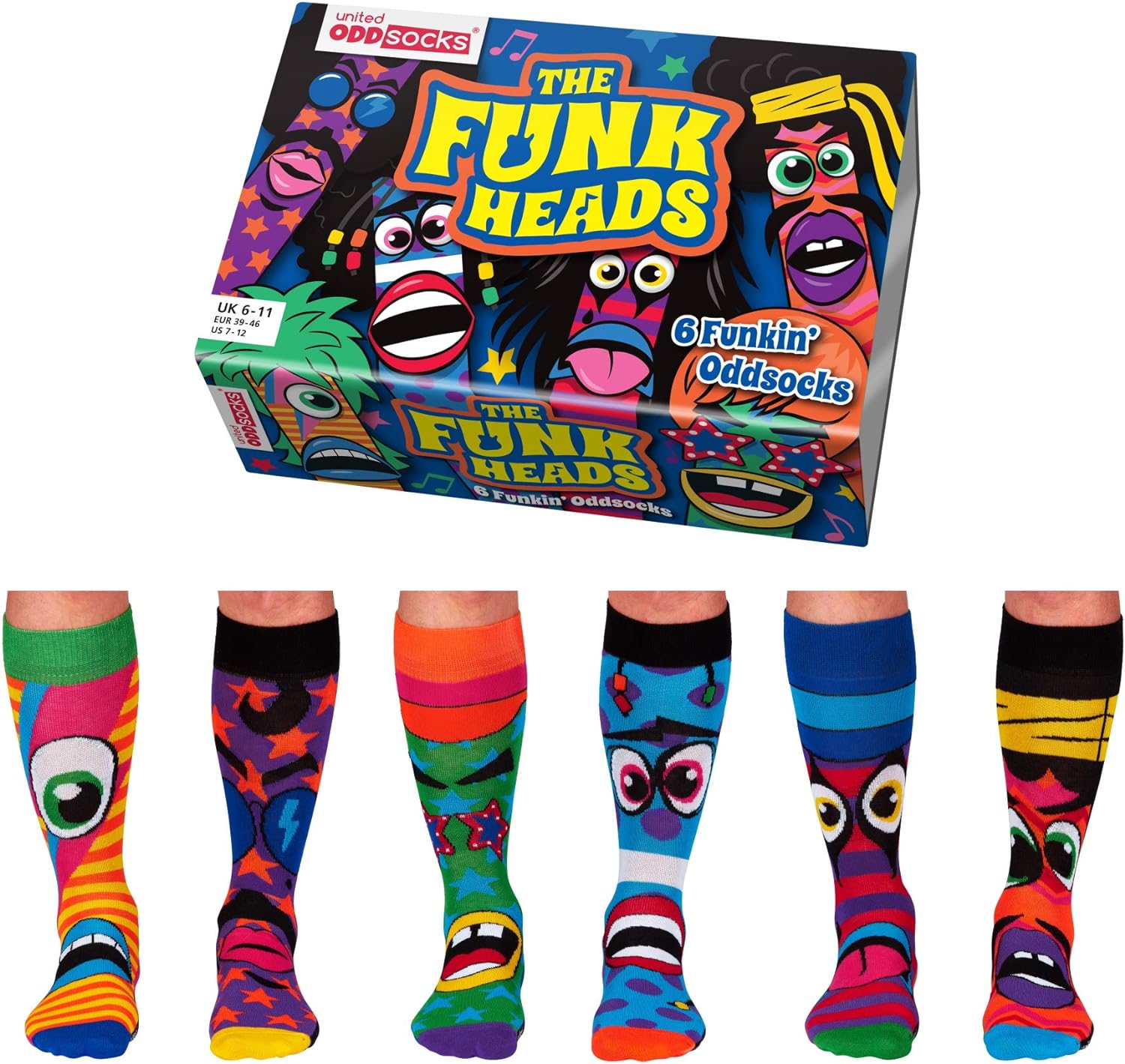 United Oddsocks The Funk Heads - Box 6 Oddsocks for Men UK 6-11 EUR 39-46 US 7-12