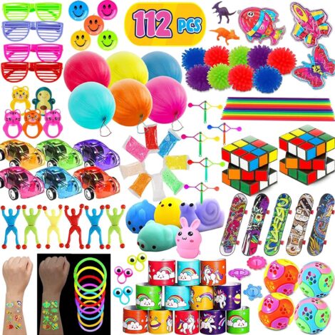 112 Piece Kids Party Favor Set, Ideal for Birthdays, Treasure Chests, Carnivals, Goodie Bags