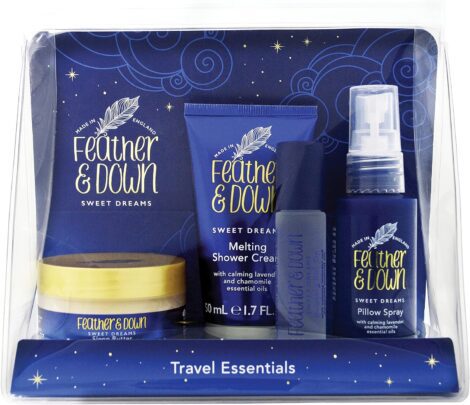 Feather & Down Travel Gift Set: Pillow Spray, Shower Cream, Sleep Butter, Relaxing Roll-On. Lavender & Chamomile Oils. Vegan & Cruelty Free.