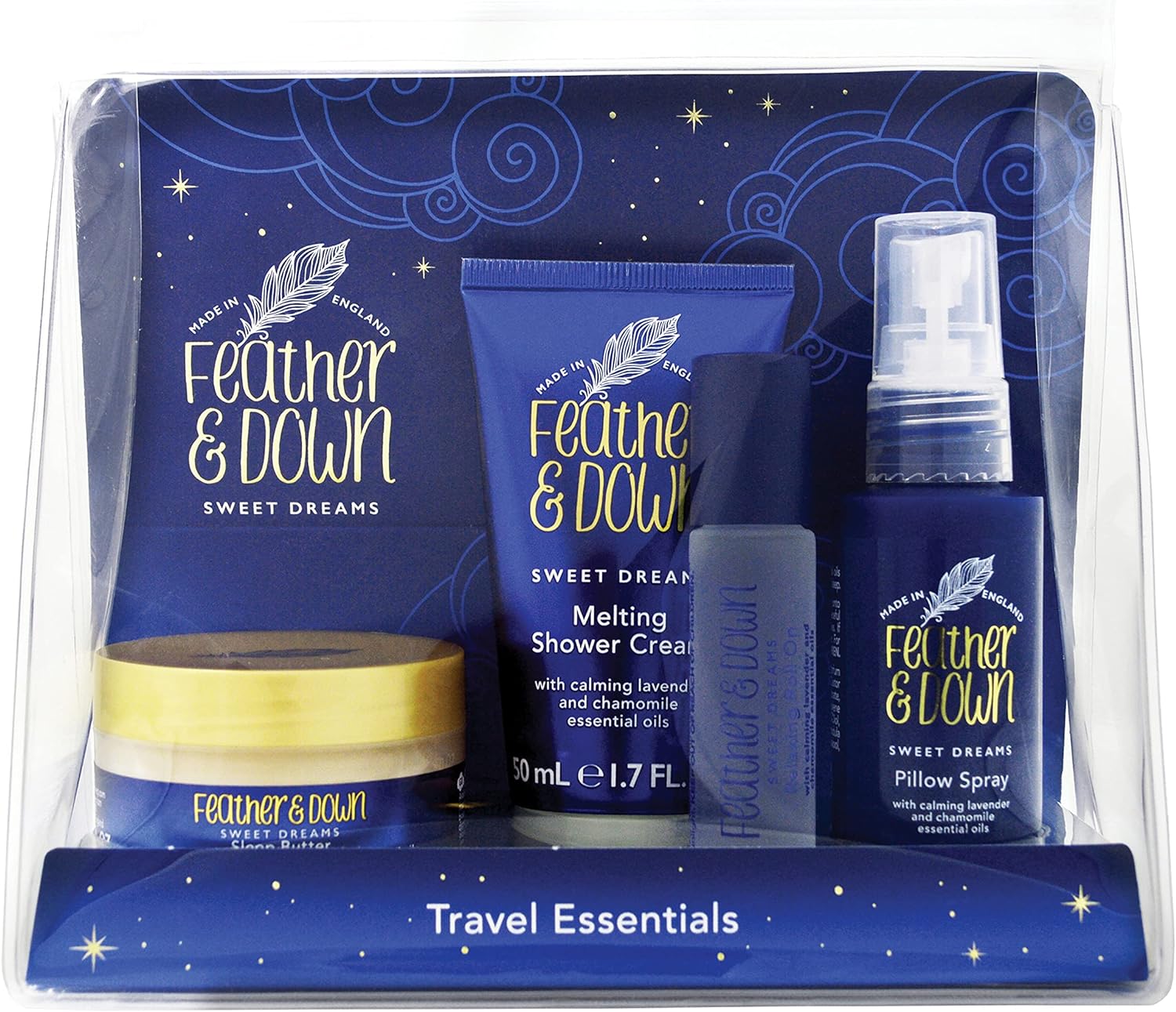 Feather & Down Travel Essentials Gift Set (Pillow Spray, Melting Shower Cream, Sleep Butter & Relaxing Roll-On) - Infused with Lavender & Chamomile Essential Oils. Vegan Friendly & Cruelty Free.