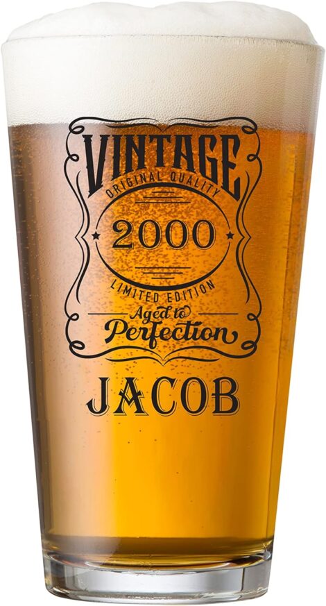 Custom Vintage Birthday Beer Glass for Any Year and Name Gift