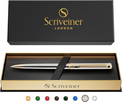 Elegant Silver Chrome Ballpoint Pen – Luxury Gift Set with Gold Finish, Black Refill.