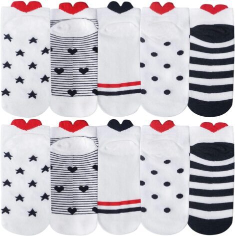 Women’s Love Heart Design Ankle Socks – 10 Pairs (One Size, Black & White)